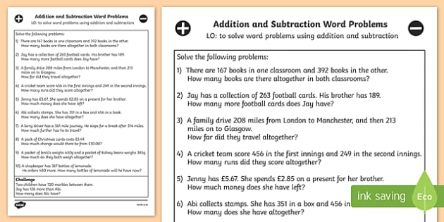 Addition And Subtraction Word Problems Worksheet