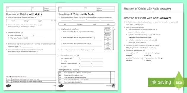 Ks3 Reactions With Acids Homework Worksheet   Worksheet