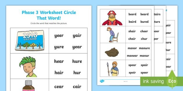 Ear', 'air' And 'ure' Circle That Word Worksheet