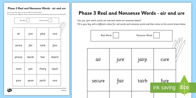 Phase 3 Air And Ure Colour By Phoneme Real And Nonsense Words