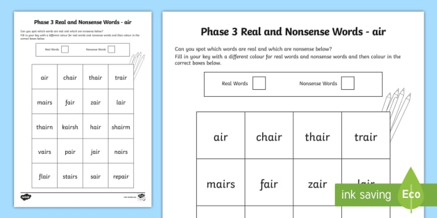 Phase 3 Air Colour By Phoneme Real And Nonsense Words Worksheet