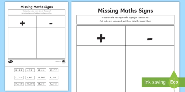 Missing Maths Signs Plus Or Minus Worksheet   Worksheet