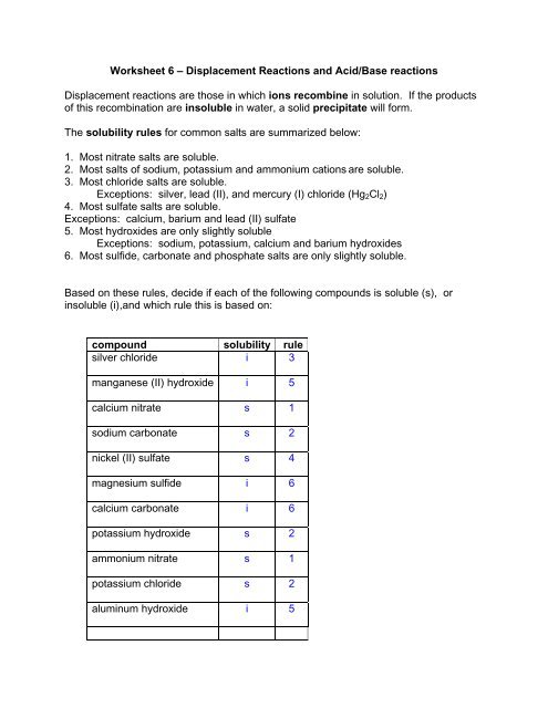 Worksheet 6 Ã¢â¬â Displacement Reactions And Acid Base Reactions