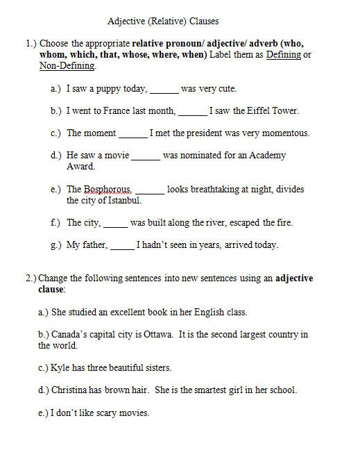 18 Free Adjective Clauses Worksheets