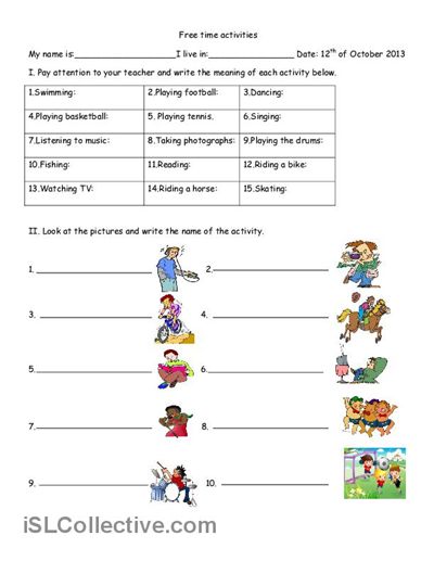 Free Time Activities Worksheet