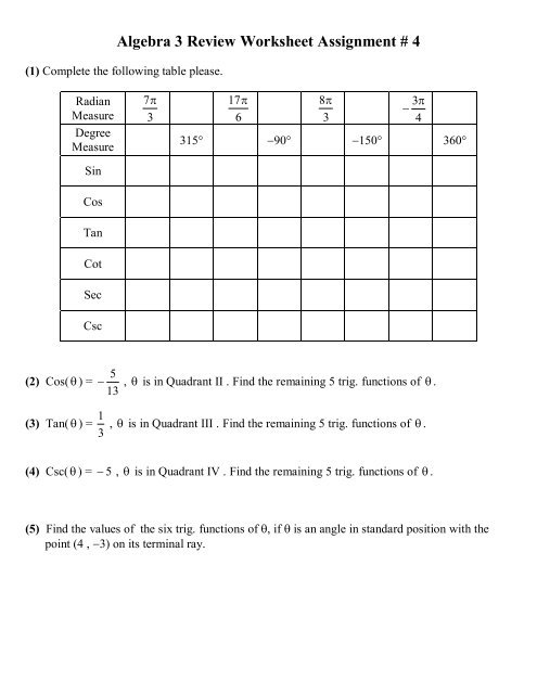 Algebra 3 Review Worksheet Assignment   4
