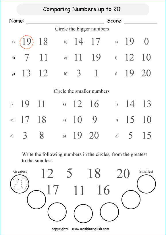 Compare Numbers Up To 20 Grade 1 Math Worksheet For Math Tutoring