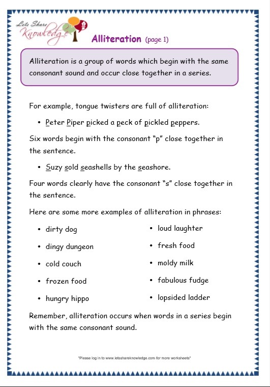 Grade 3 Grammar Topic 33  Alliteration Worksheets â Lets Share