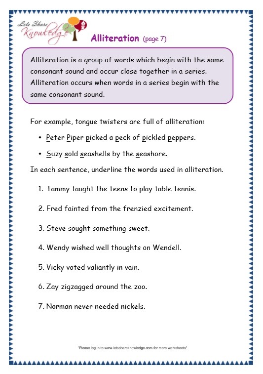 Grade 3 Grammar Topic 33  Alliteration Worksheets