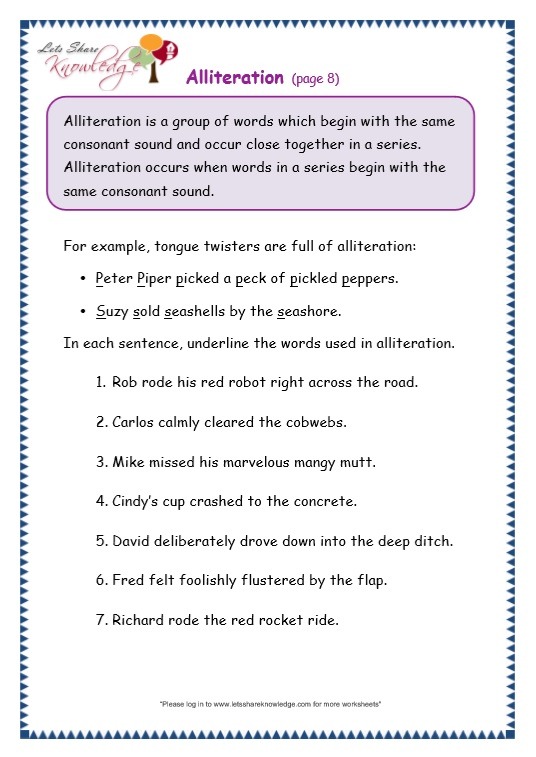 Grade 3 Grammar Topic 33  Alliteration Worksheets