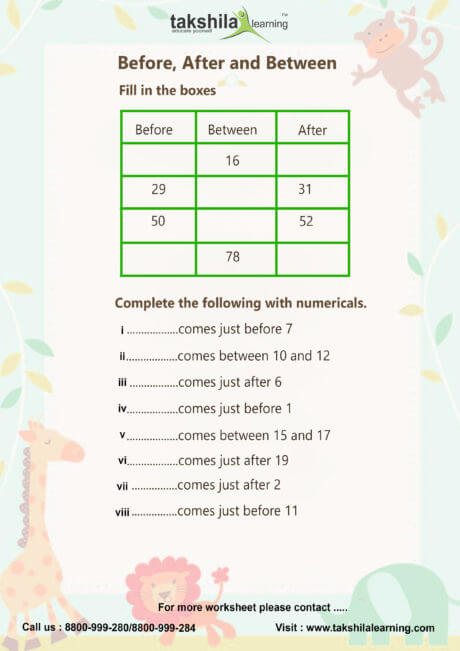 Worksheet For Class 1 Maths