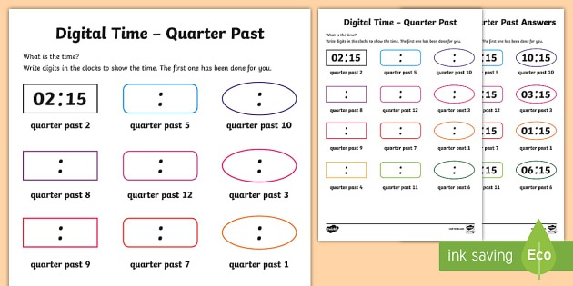 Digital Time â Quarter Past Worksheet   Worksheet