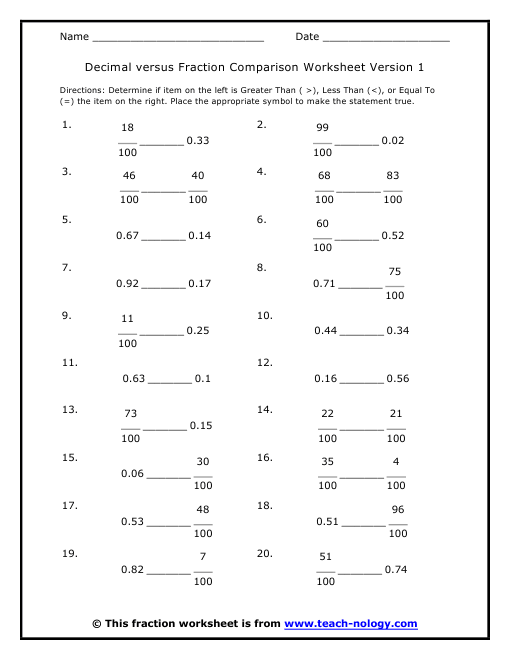 Ordering Decimals And Fractions Worksheet