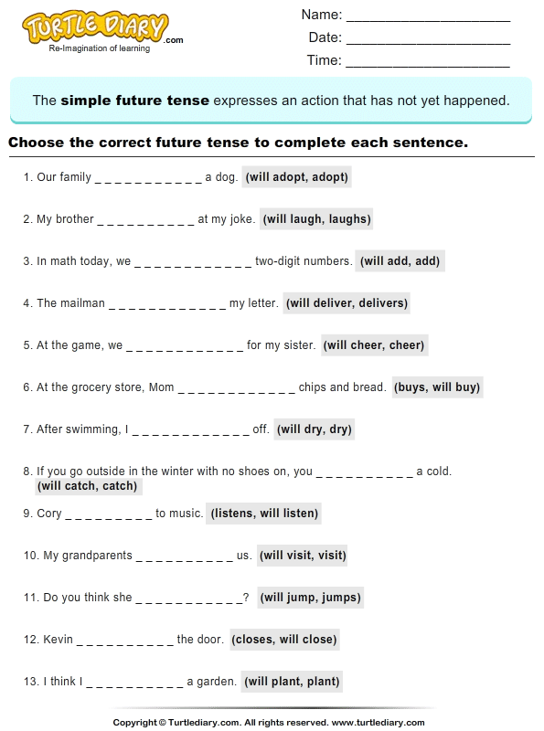 Read Sentences And Choose Correct Future Tense Verb Worksheet