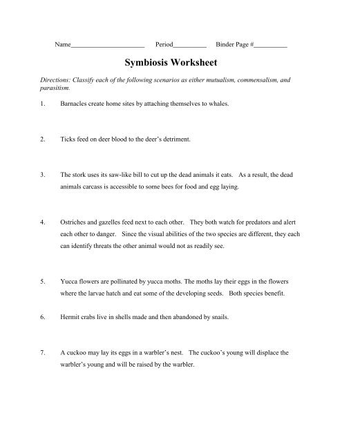 Symbiosis Worksheet Answer Key