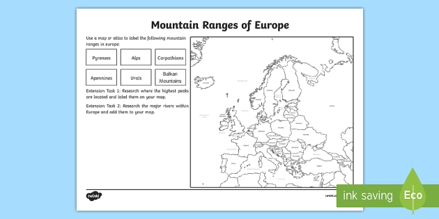 Europe Mountain Ranges Worksheet