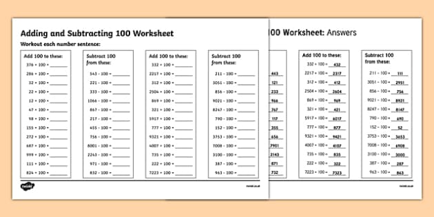 Adding And Subtracting 100 Worksheet